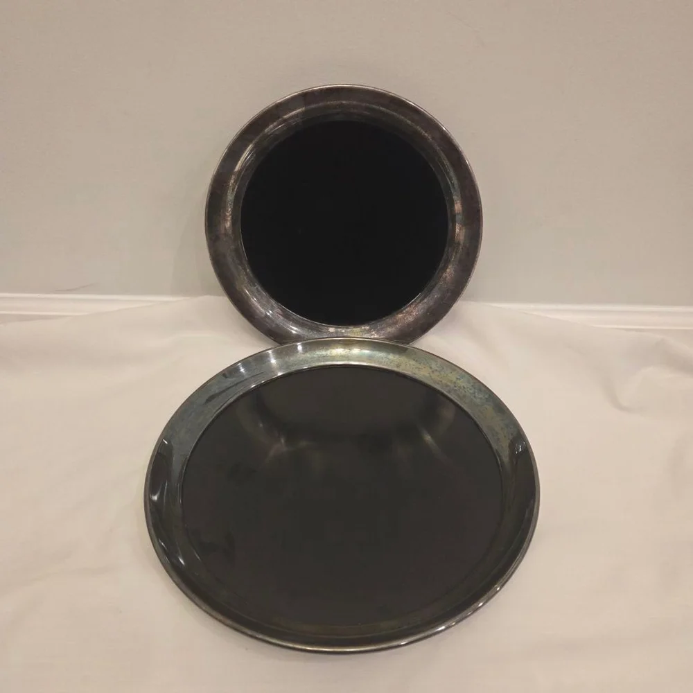 Gorham Silver Round Service Tray Set Silverplate Black Formica 10